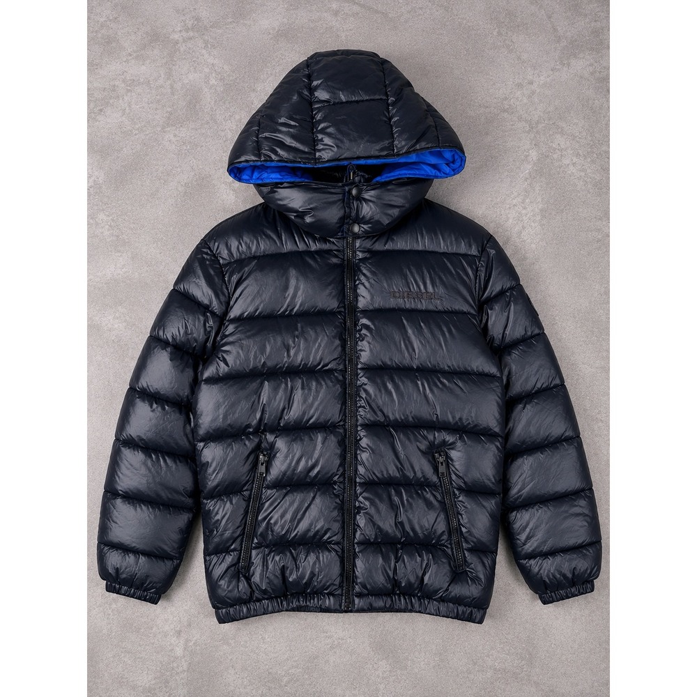 Diesel Puffer Jacket Boys Large Black Blue Hooded Quilted Winter Coat